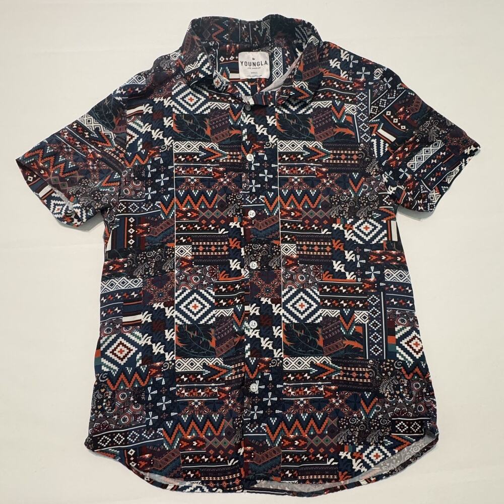 Young LA Shirt Mens Small Button Up Geometric Blue Red Collar Cotton Polyester